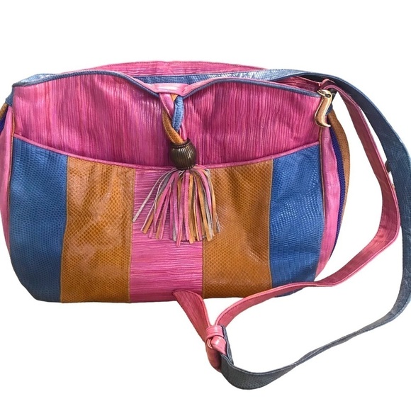 Vintage Sherif Leather Fabric Color Block Fringe Shoulder Bag Embossed